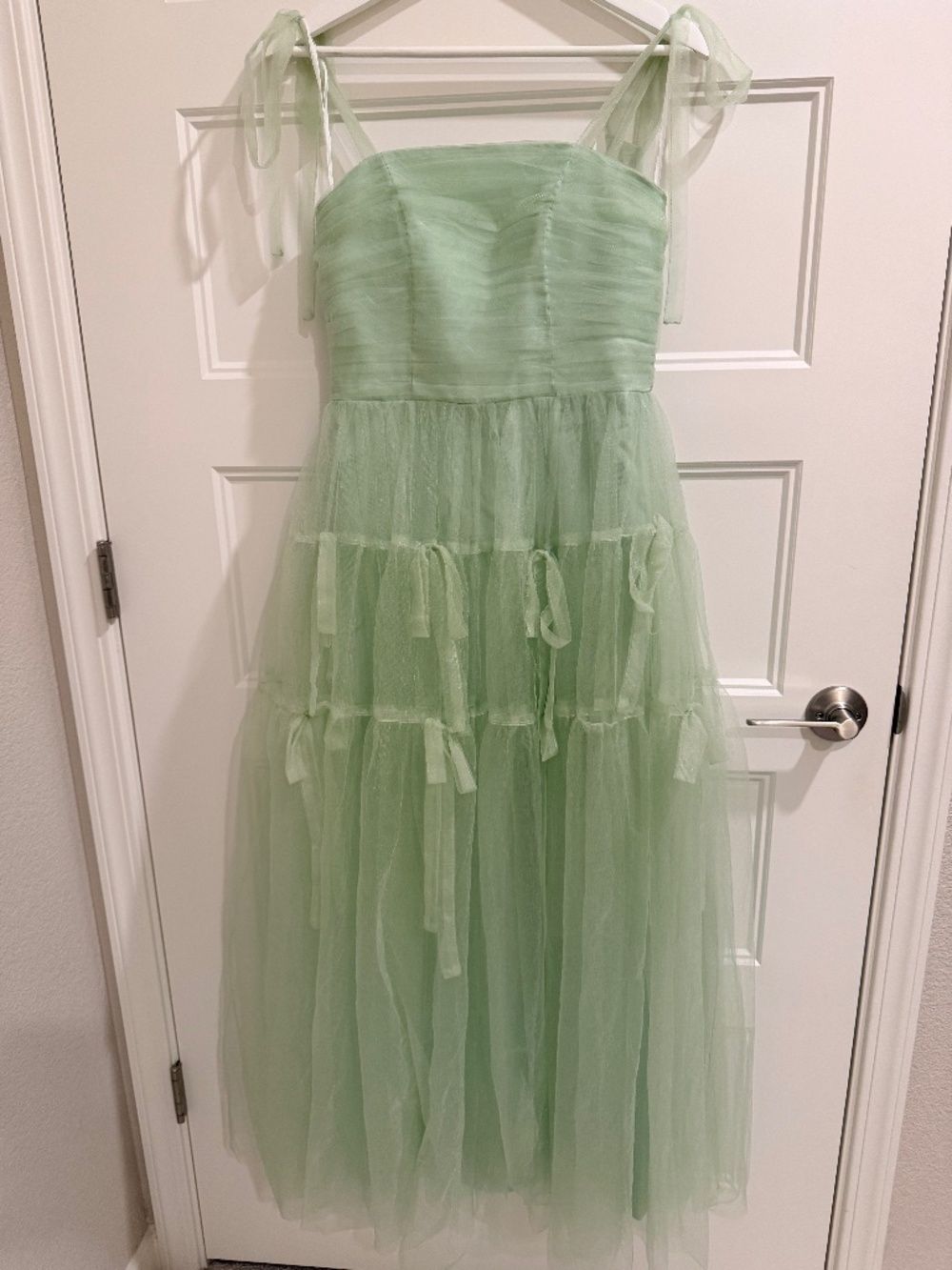 Sage Green Formal Tulle Corset Midi Dress, Size 14